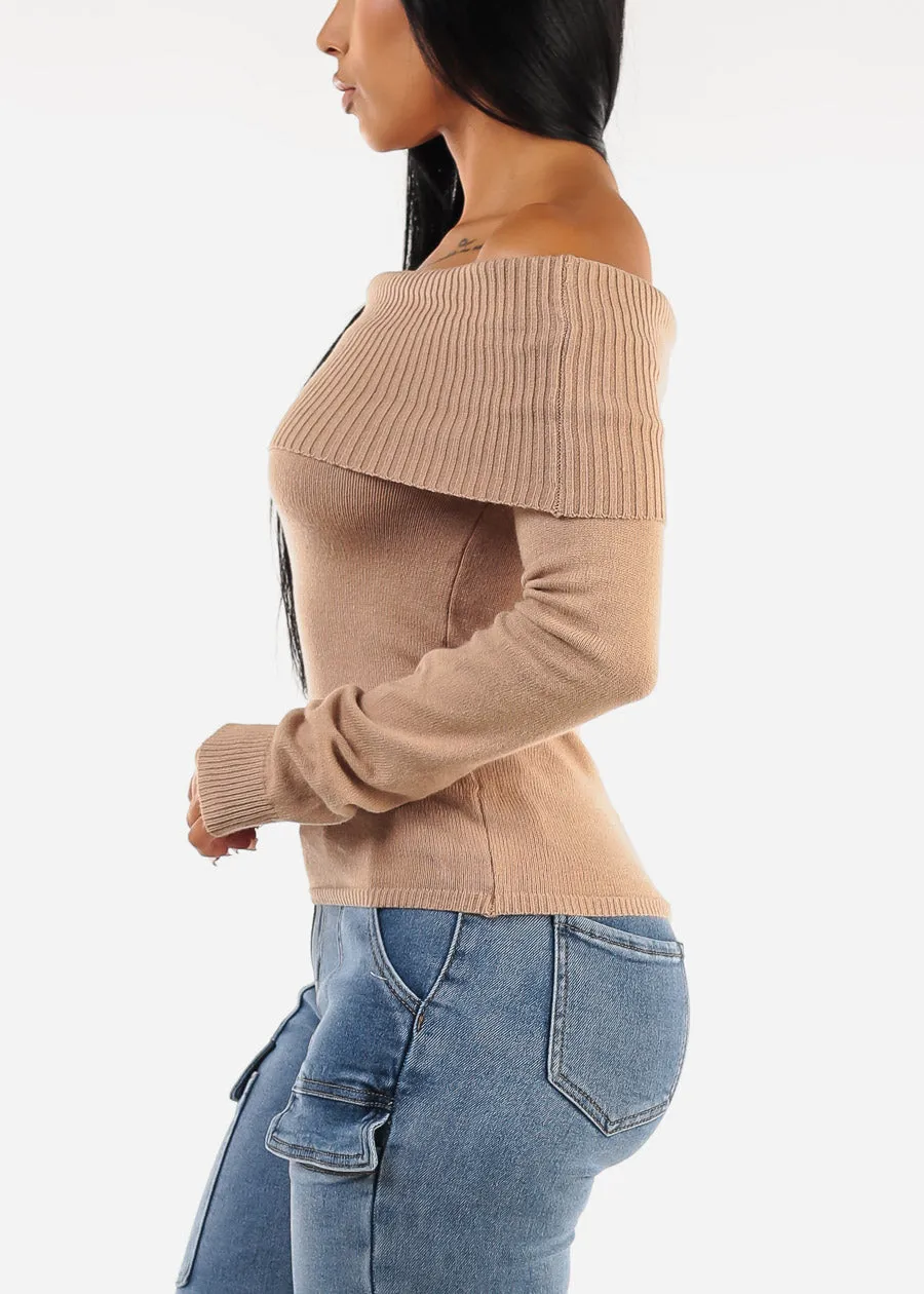 Fitted Off Shoulder Rib Knit Sweater Khaki sold by Moda product image thumbnail 3
