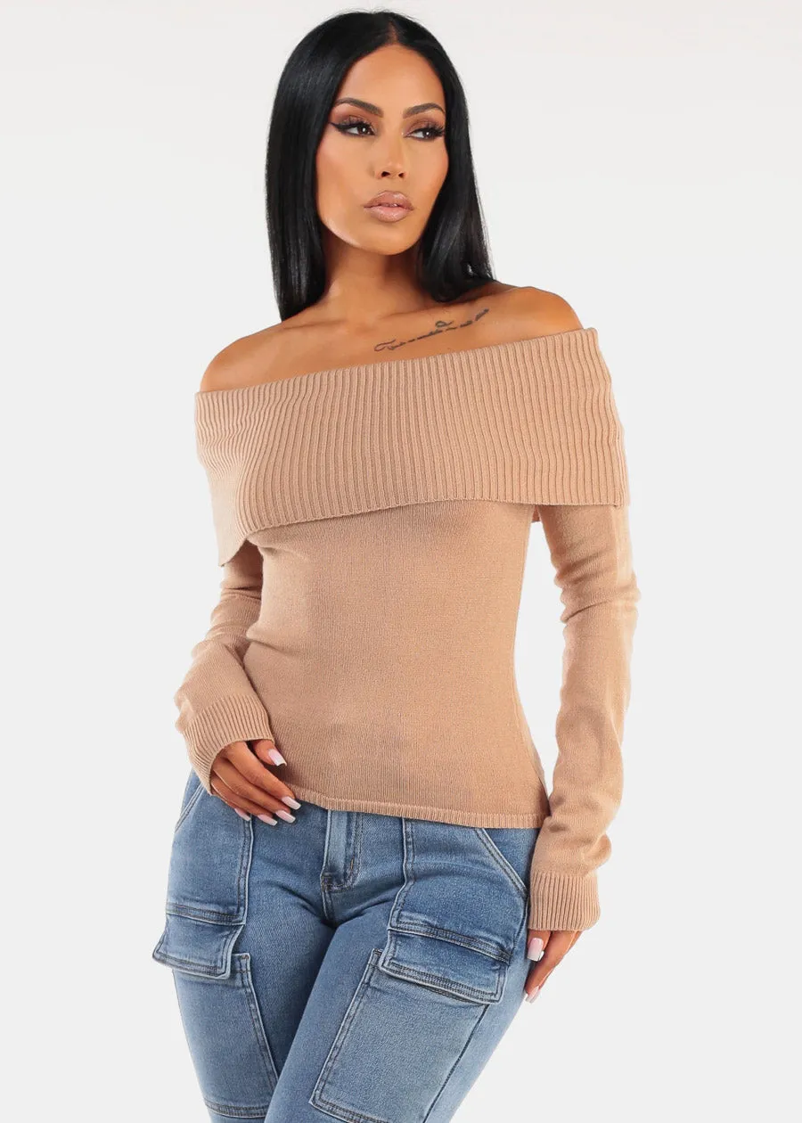 Fitted Off Shoulder Rib Knit Sweater Khaki sold by Moda
