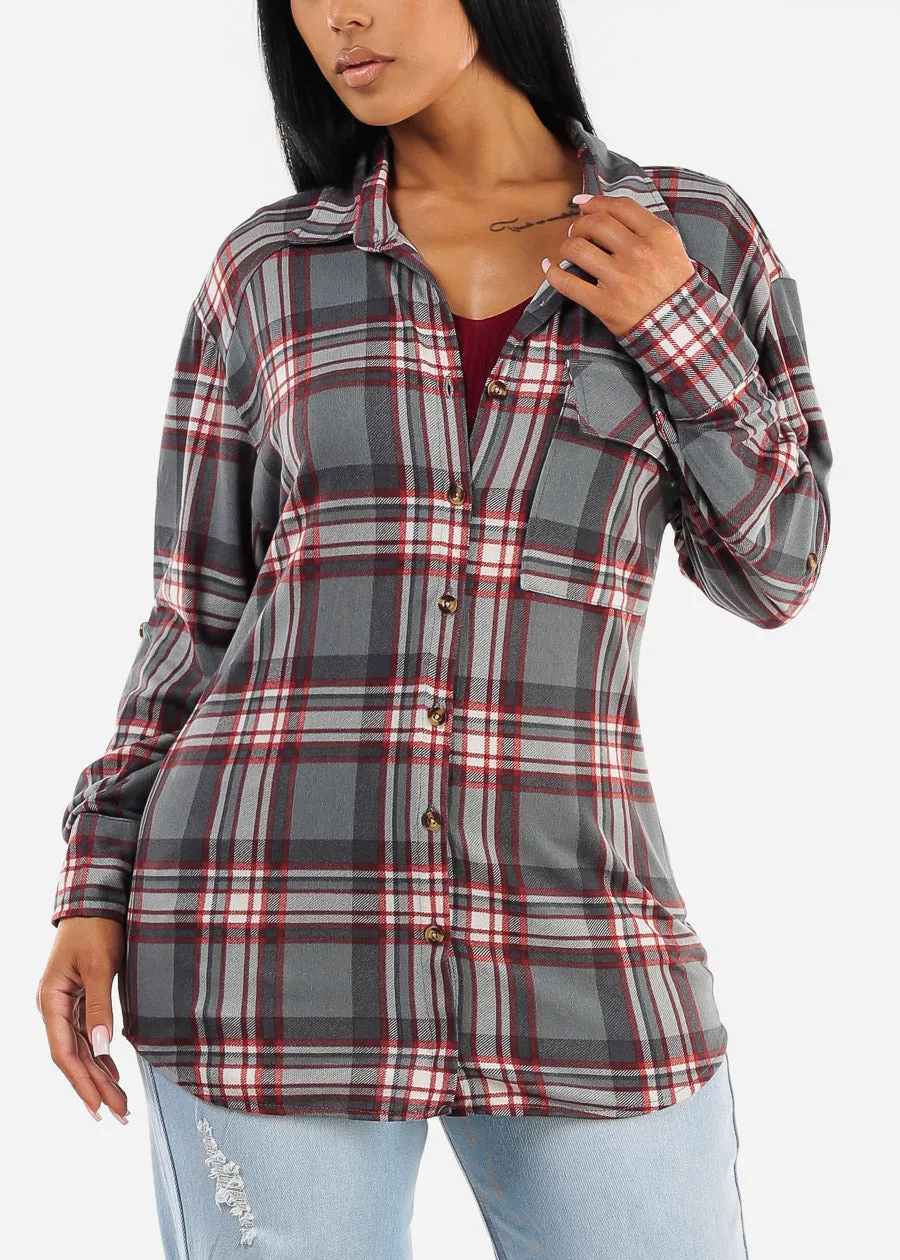Oversized Plaid Button Down Shacket Grey sold by Moda product image thumbnail 5