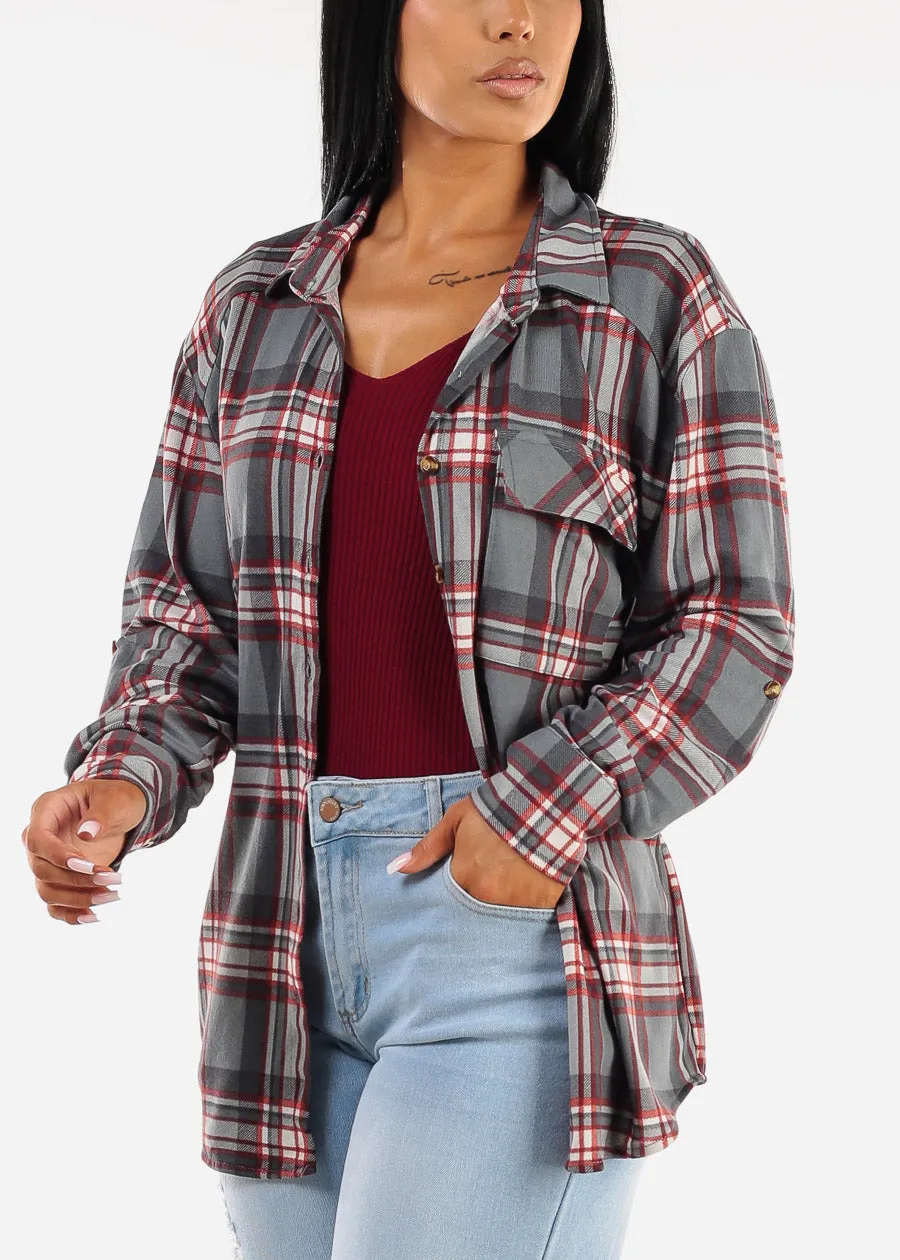 Oversized Plaid Button Down Shacket Grey sold by Moda