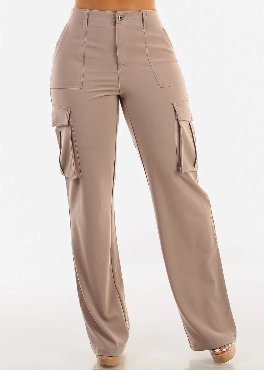 Super High Waist Straight Wide Leg Cargo Pants Taupe sold by Moda