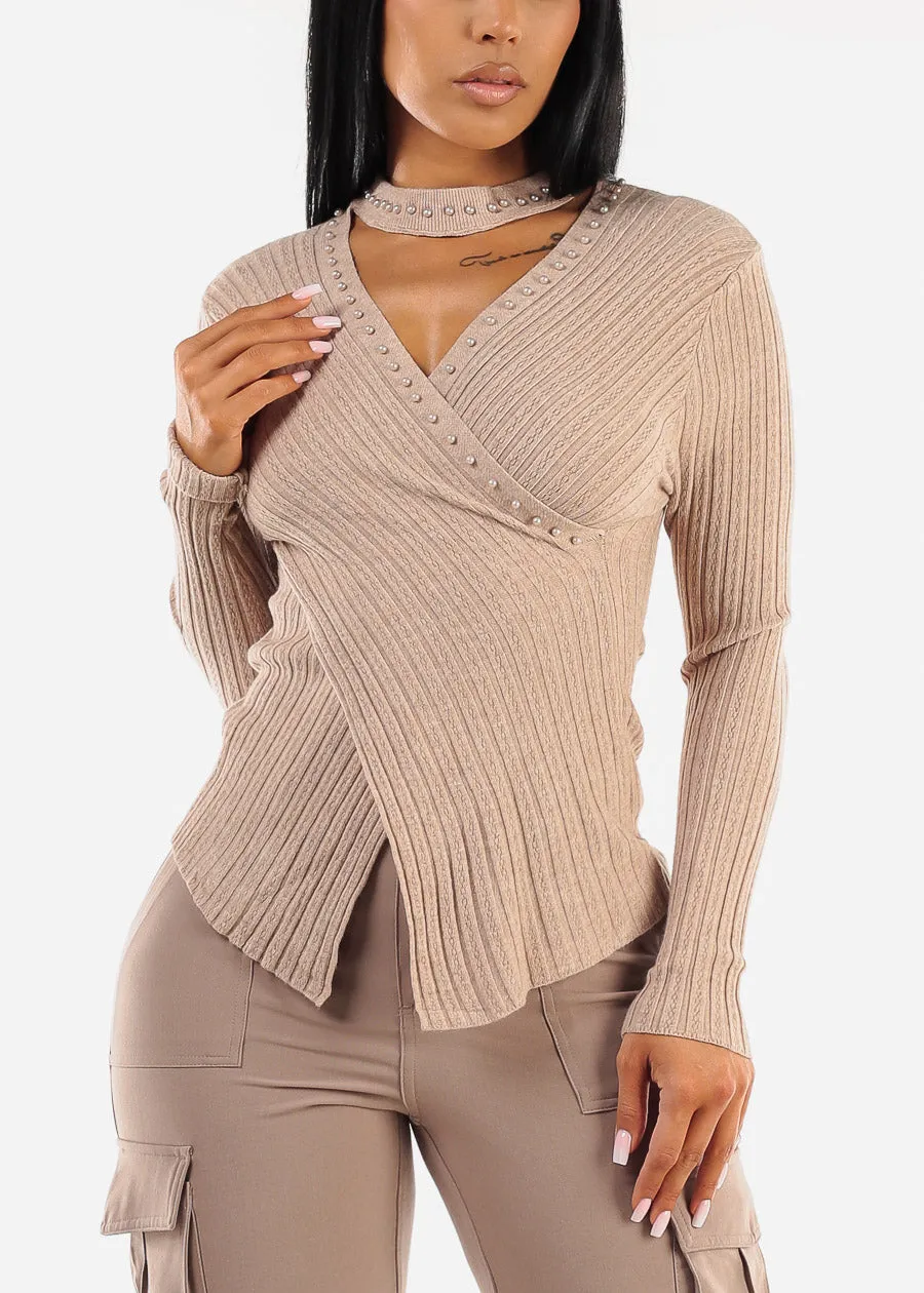 Long Sleeve Cut Out Cross Wrap Sweater Khaki sold by Moda product image thumbnail 3