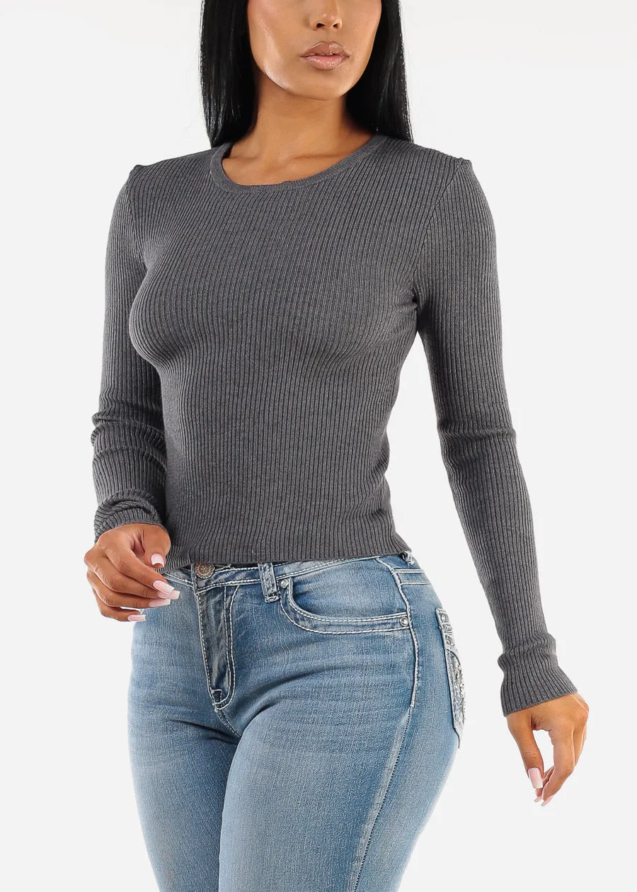 Long Sleeve Crewneck Ribbed Sweater Charcoal sold by Moda