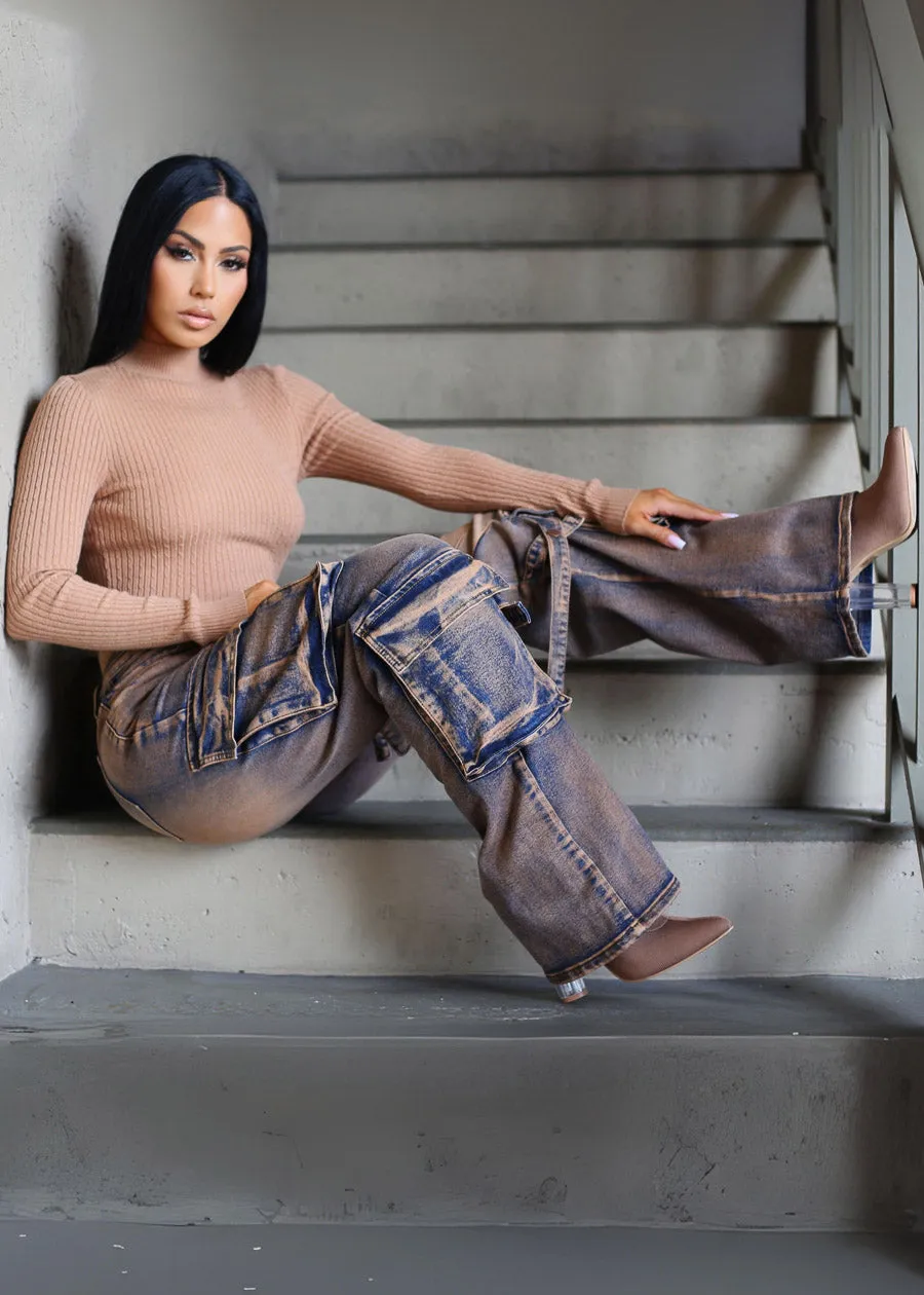 High Waisted Straight Wide Leg Cargo Jeans Copper Acid Wash sold by Moda product image thumbnail 4