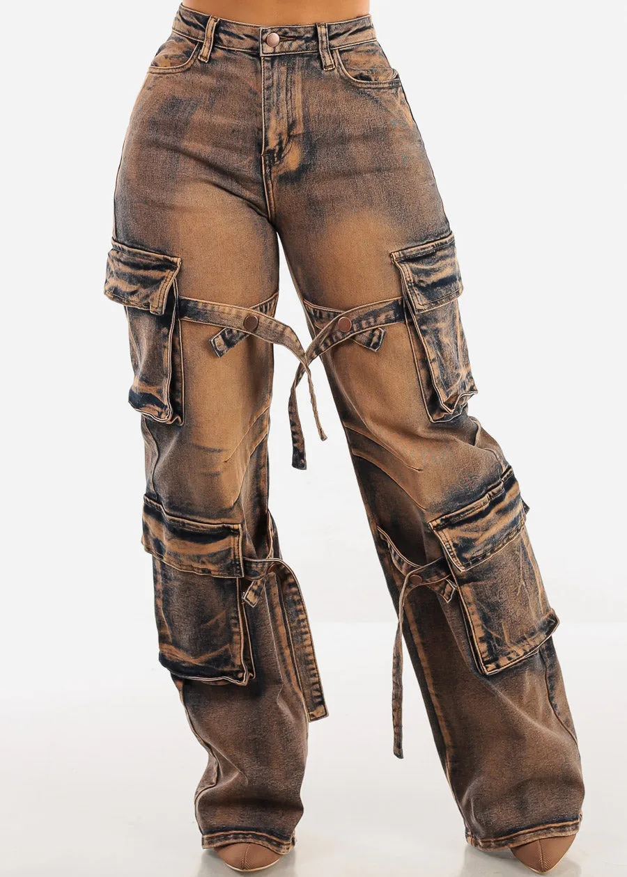 High Waisted Straight Wide Leg Cargo Jeans Copper Acid Wash sold by Moda