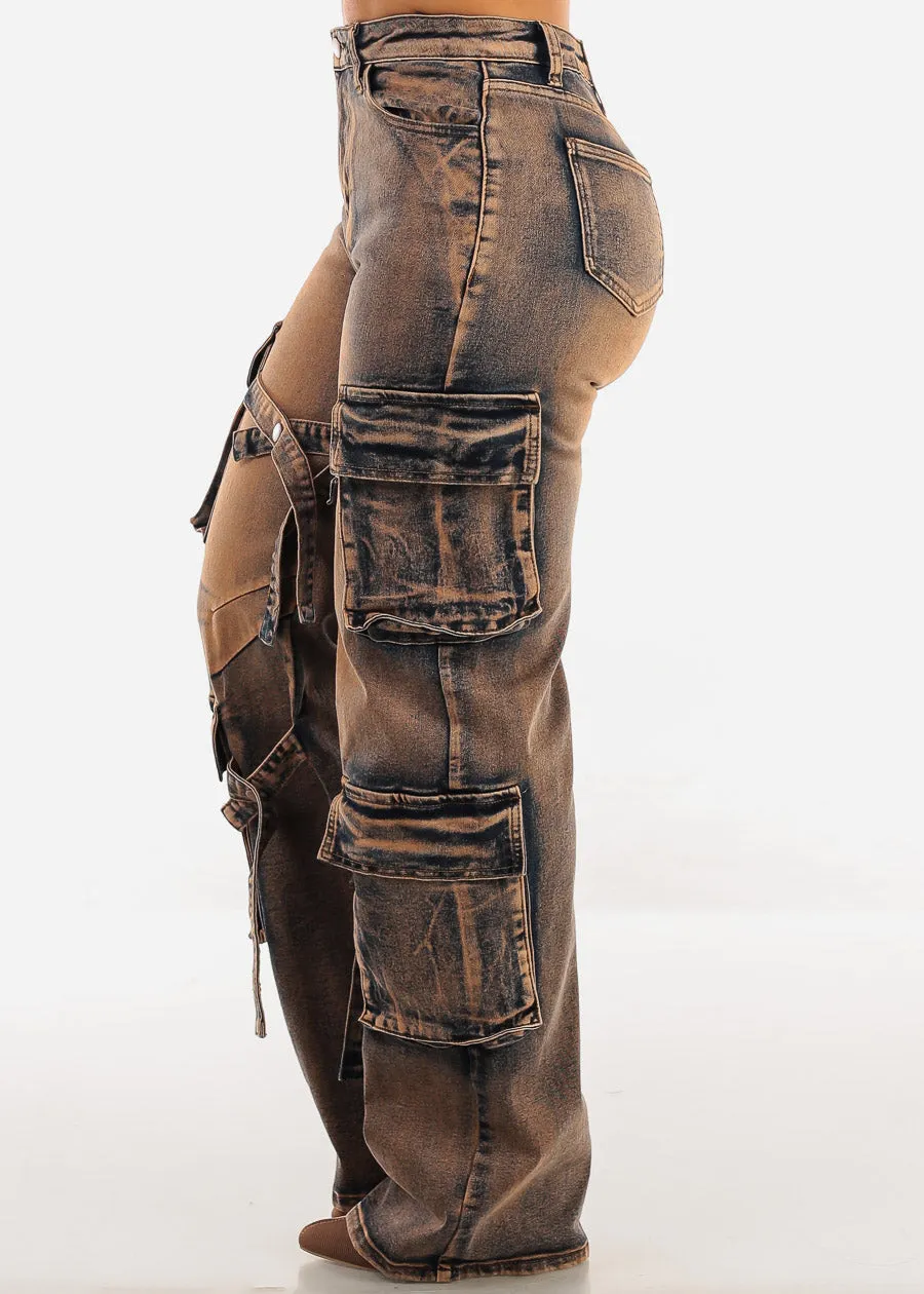 High Waisted Straight Wide Leg Cargo Jeans Copper Acid Wash sold by Moda product image thumbnail 5