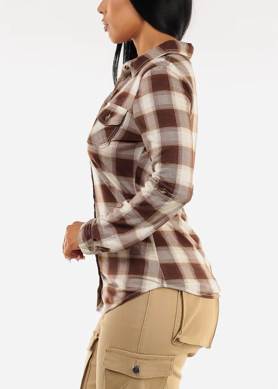 Long Sleeve Button Up Plaid Shirt Ivory & Brown sold by Moda product image thumbnail 3