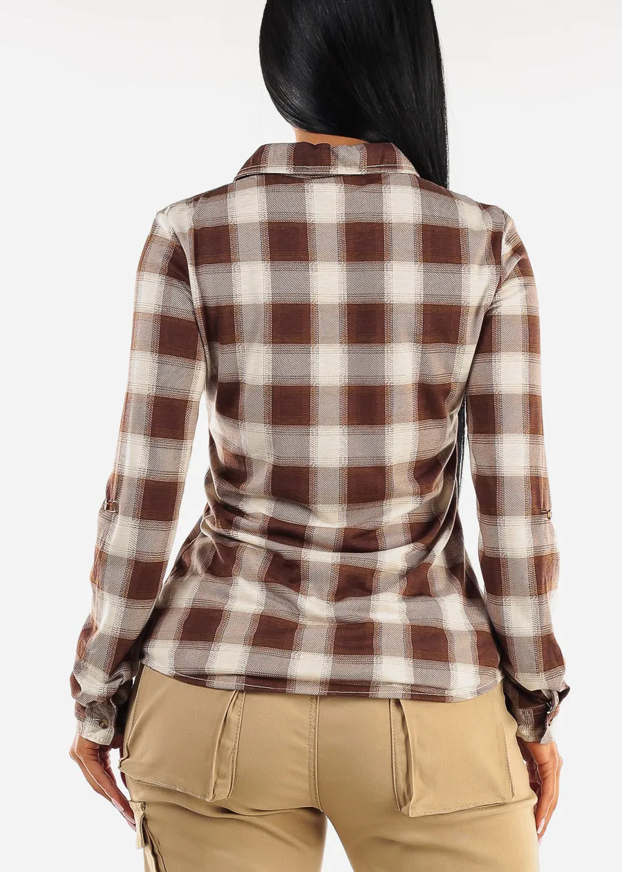Long Sleeve Button Up Plaid Shirt Ivory & Brown sold by Moda product image thumbnail 4