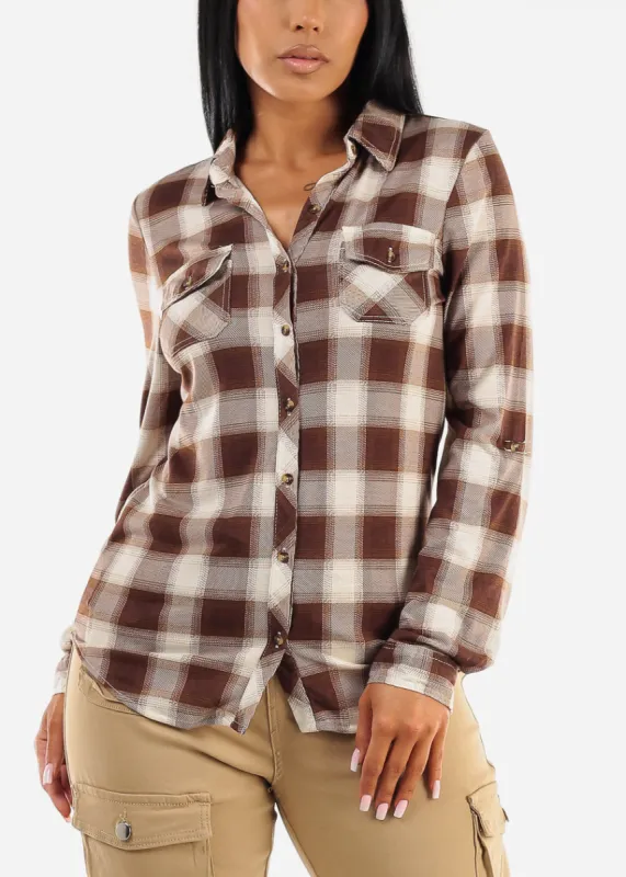 Long Sleeve Button Up Plaid Shirt Ivory & Brown sold by Moda