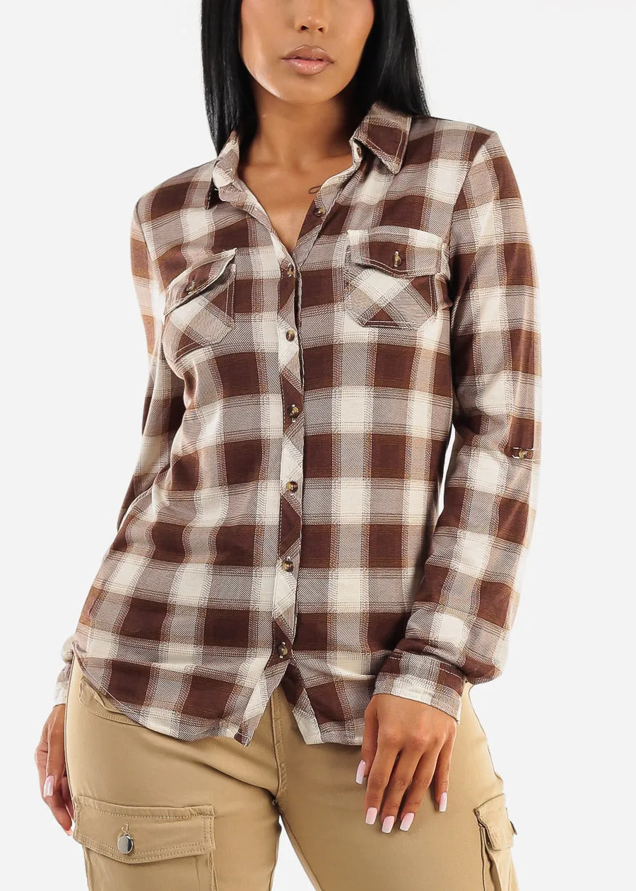 Long Sleeve Button Up Plaid Shirt Ivory & Brown sold by Moda