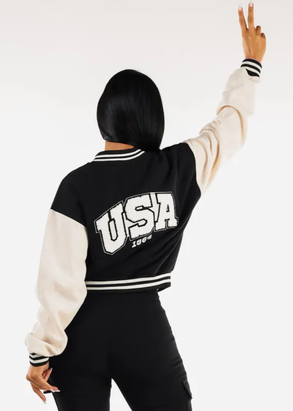 Long Sleeve Fleece Varsity Jacket Black "USA" sold by Moda
