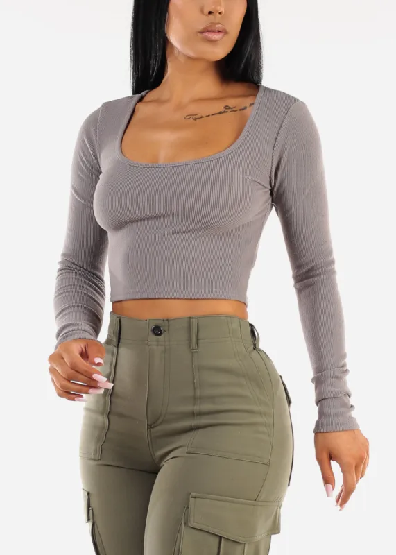 Long Sleeve Scoop Neck Ribbed Crop Top Grey sold by Moda