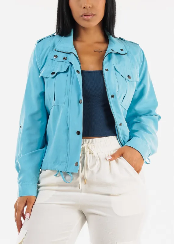 Zip Up Drawstring Waist Jacket Aqua sold by Moda