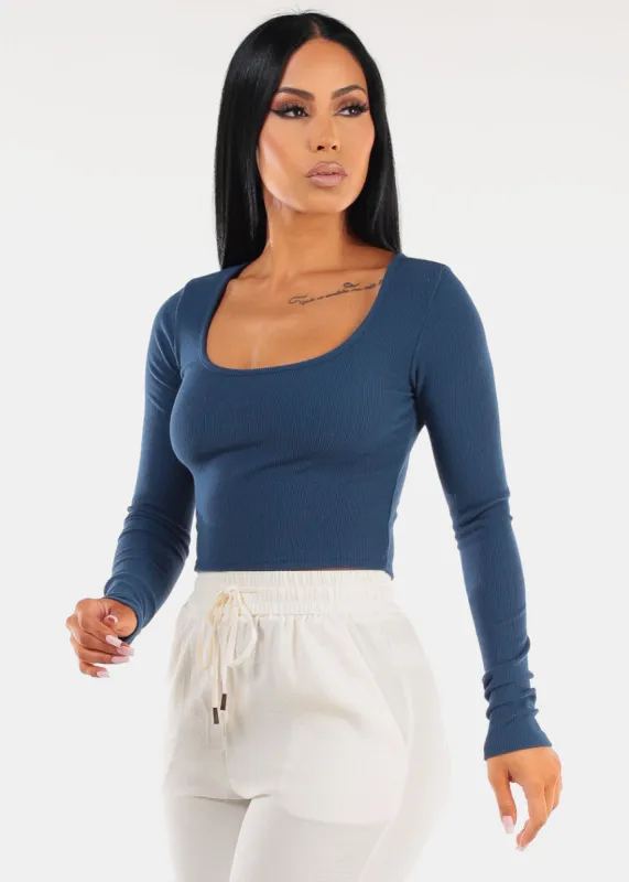 Long Sleeve Scoop Neck Ribbed Crop Top Navy sold by Moda