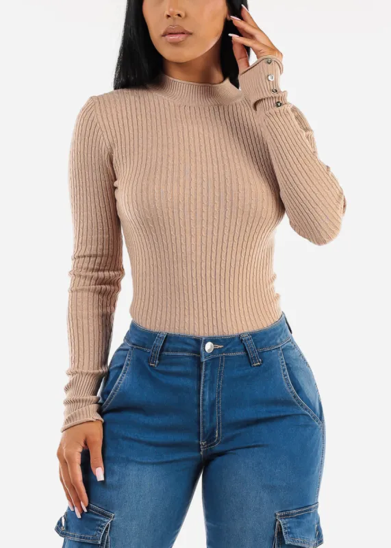Fitted Long Sleeve Rib Knit Sweater Khaki sold by Moda