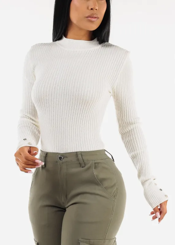 Fitted Long Sleeve Rib Knit Sweater White sold by Moda