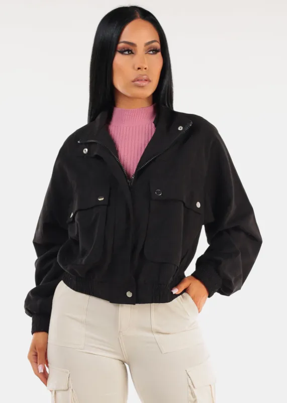 Long Sleeve Zip Up Utility Bomber Jacket Black sold by Moda