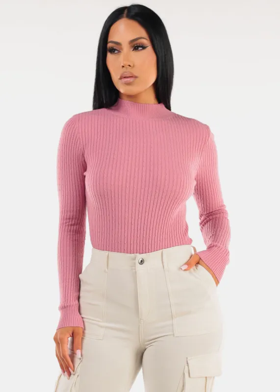 Long Sleeve Mock Neck Ribbed Sweater Dark Pink sold by Moda