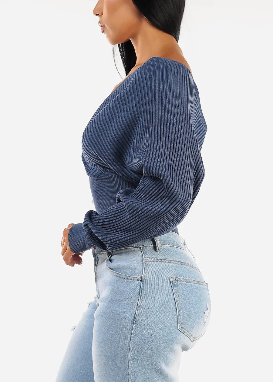 Long Sleeve Surplice Knit Sweater Top Blue sold by Moda product image thumbnail 3