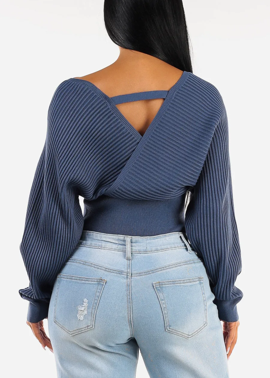 Long Sleeve Surplice Knit Sweater Top Blue sold by Moda product image thumbnail 4