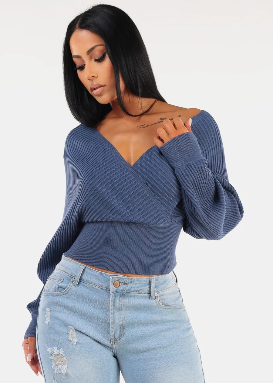 Long Sleeve Surplice Knit Sweater Top Blue sold by Moda
