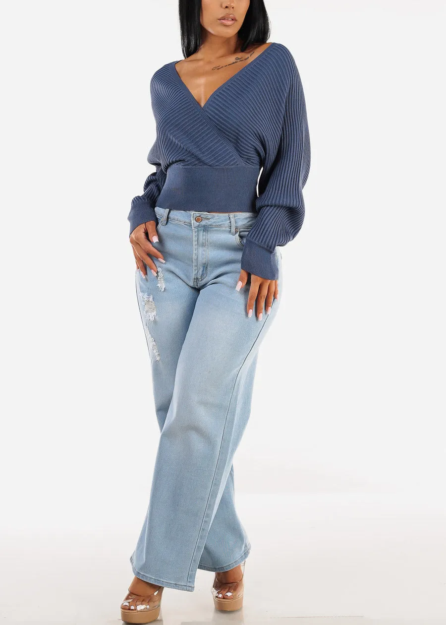 Long Sleeve Surplice Knit Sweater Top Blue sold by Moda product image thumbnail 2