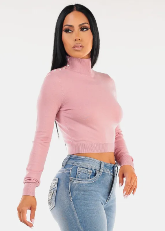 Long Sleeve Mock Neck Crop Sweater Light Pink sold by Moda
