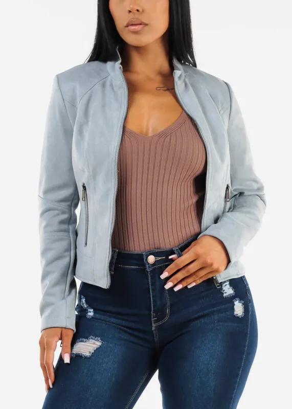 Zip Up Long Sleeve Suede Jacket Blue sold by Moda