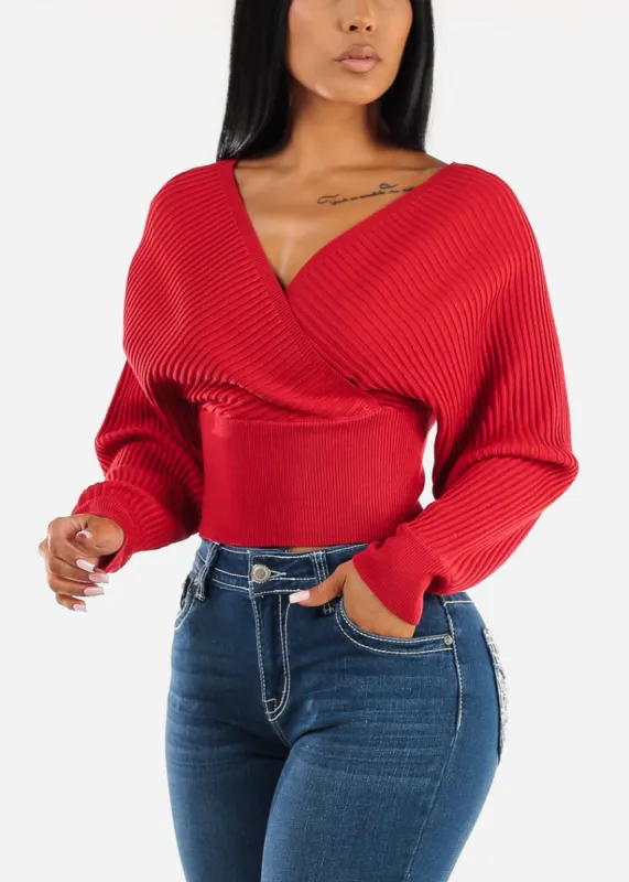 Long Sleeve Surplice Knit Sweater Top Red sold by Moda