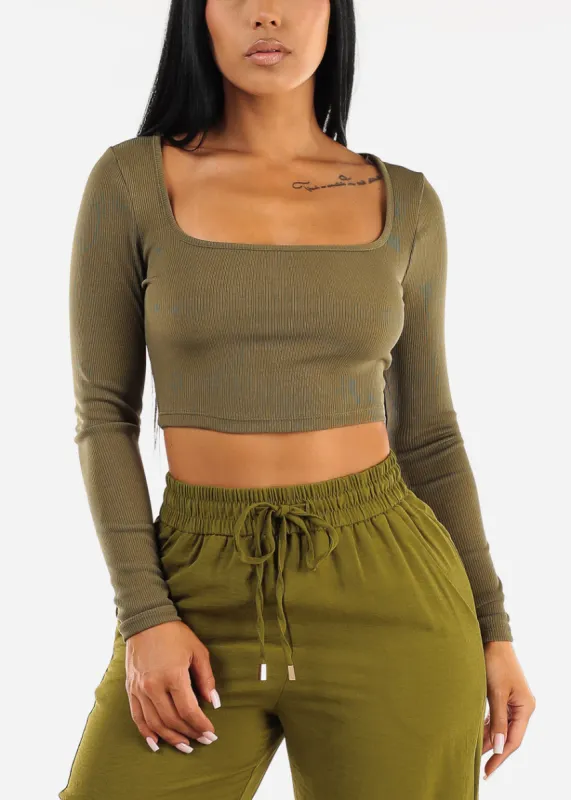 Wide Square Neck Long Sleeve Crop Top Olive sold by Moda