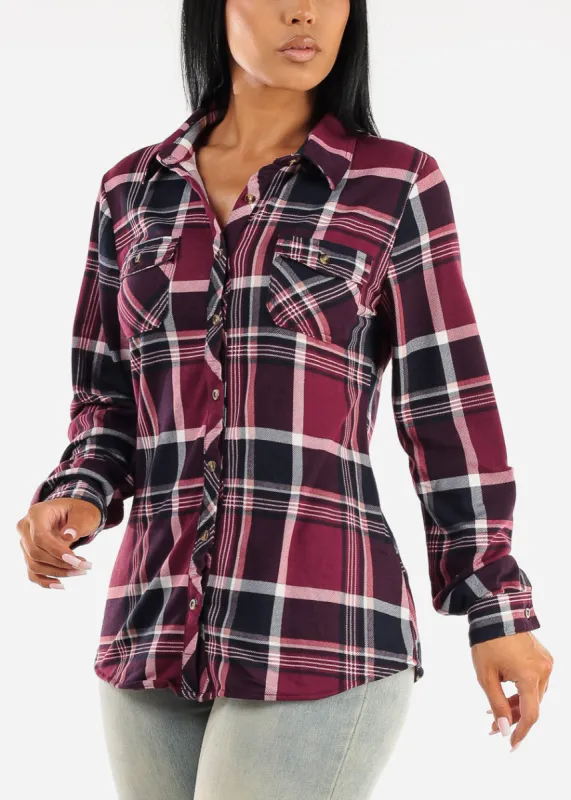 Long Sleeve Button Up Plaid Shirt Purple sold by Moda