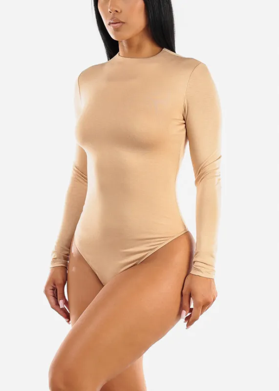 Long Sleeve Crewneck Thong Bodysuit Nude sold by Moda