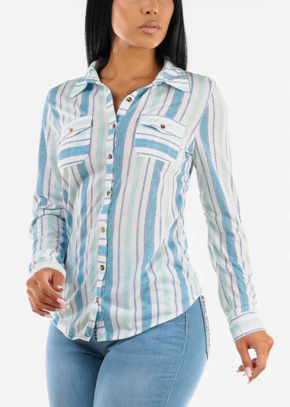 Long Sleeve Button Up Stripe Shirt Aqua sold by Moda