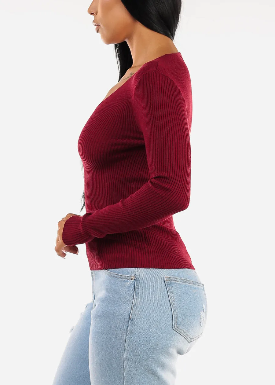 Long Sleeve Vneck Ribbed Sweater Top Burgundy sold by Moda product image thumbnail 3