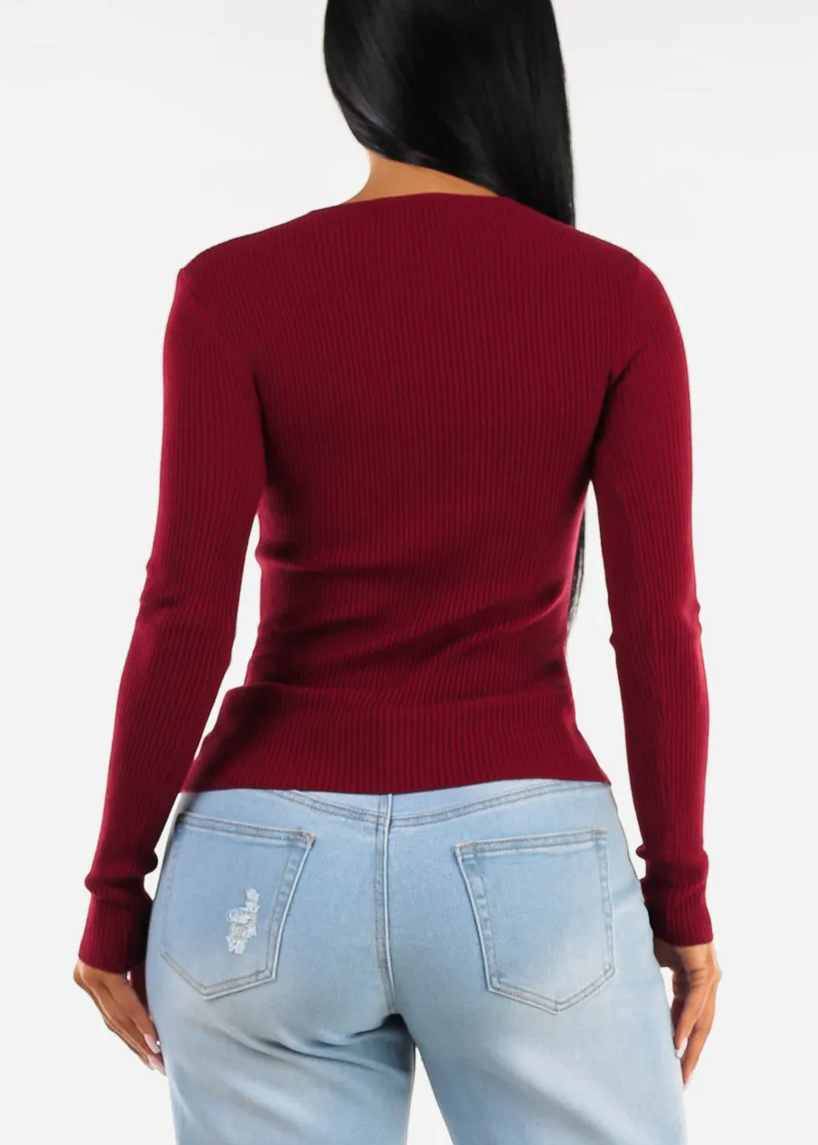 Long Sleeve Vneck Ribbed Sweater Top Burgundy sold by Moda product image thumbnail 4
