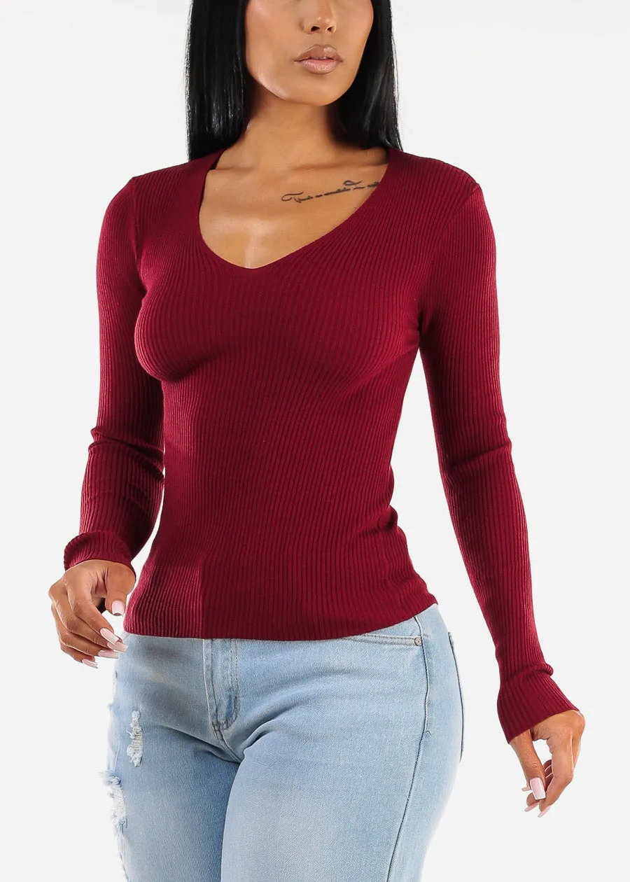 Long Sleeve Vneck Ribbed Sweater Top Burgundy sold by Moda