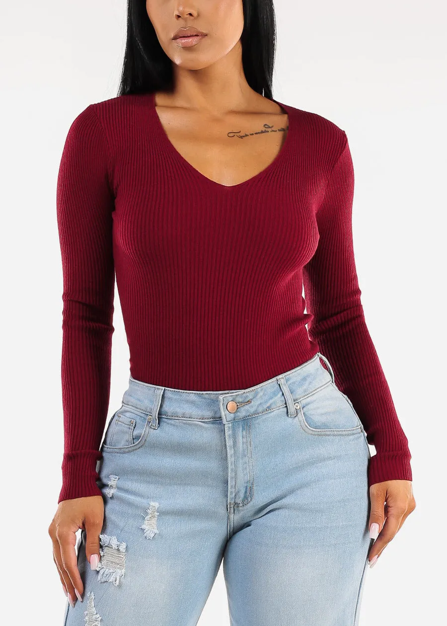 Long Sleeve Vneck Ribbed Sweater Top Burgundy sold by Moda product image thumbnail 5