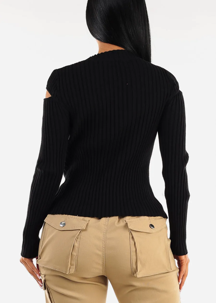 Mock Neck Stretchy Knit Cut Out Light Sweater Black sold by Moda product image thumbnail 4