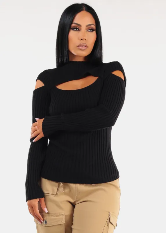 Mock Neck Stretchy Knit Cut Out Light Sweater Black sold by Moda