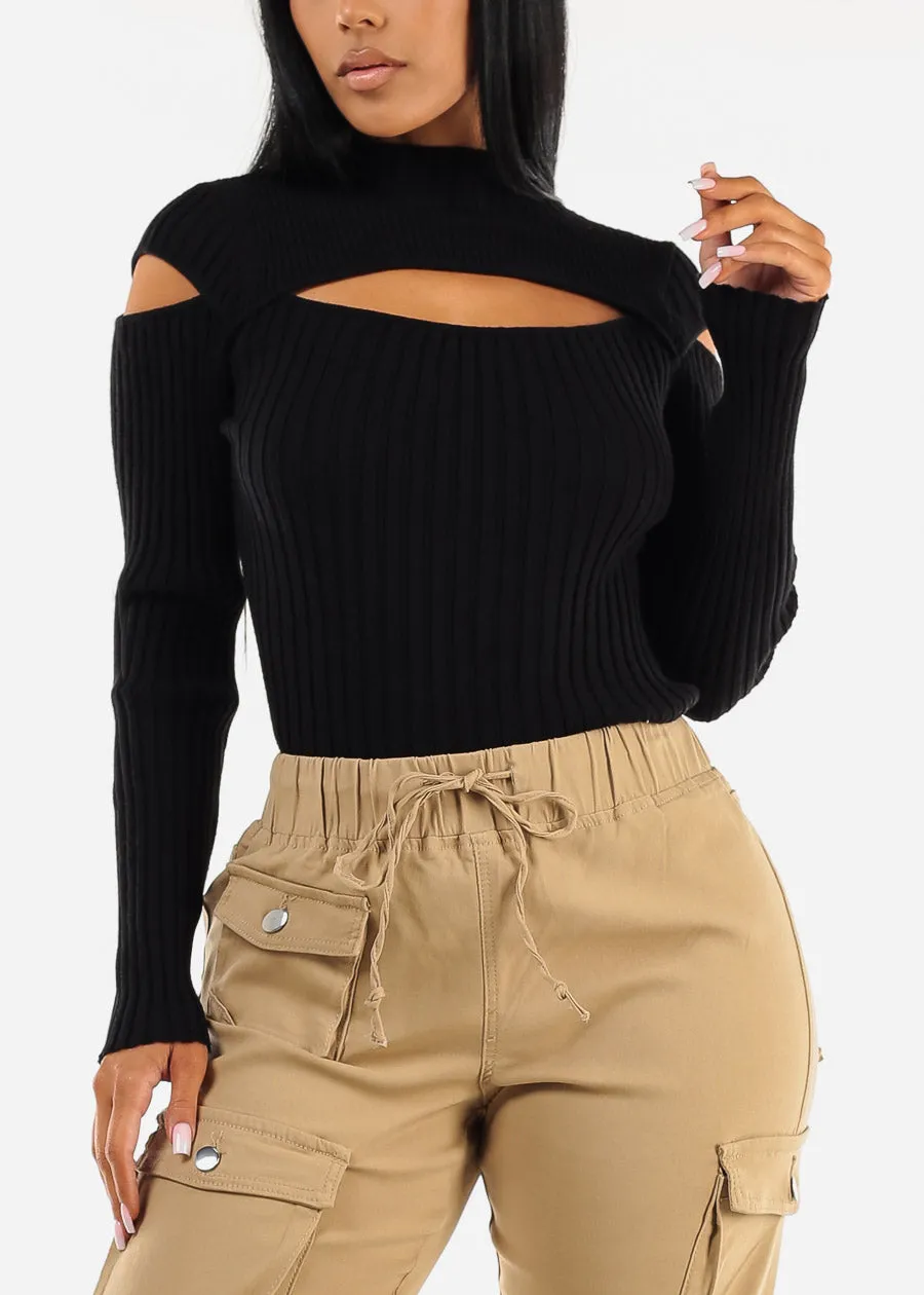 Mock Neck Stretchy Knit Cut Out Light Sweater Black sold by Moda product image thumbnail 5