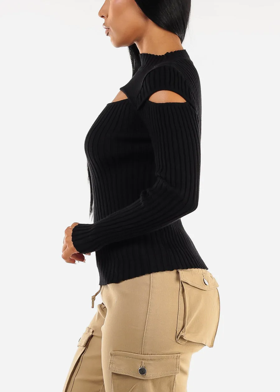 Mock Neck Stretchy Knit Cut Out Light Sweater Black sold by Moda product image thumbnail 3