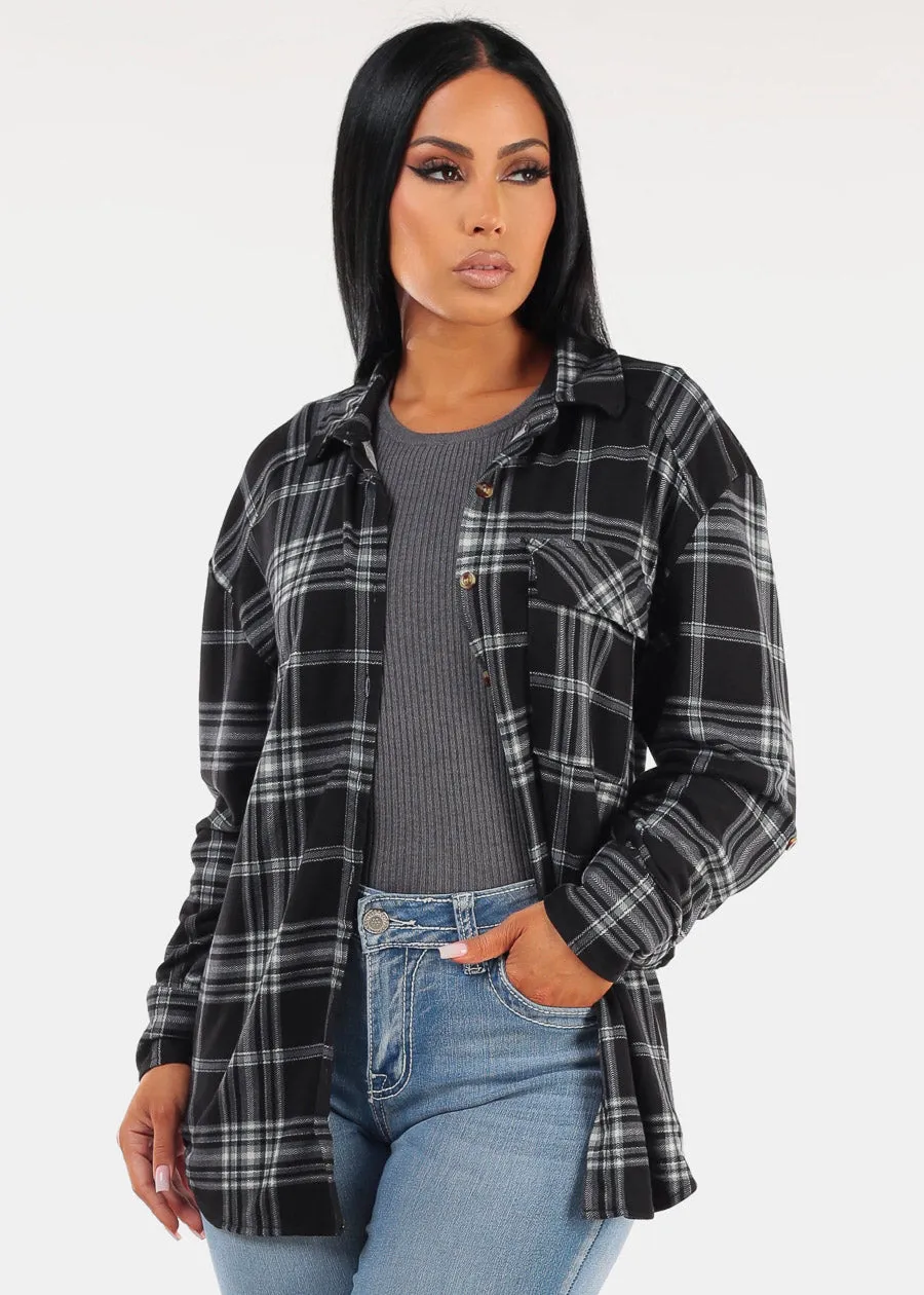 Oversized Plaid Button Down Shacket Black sold by Moda