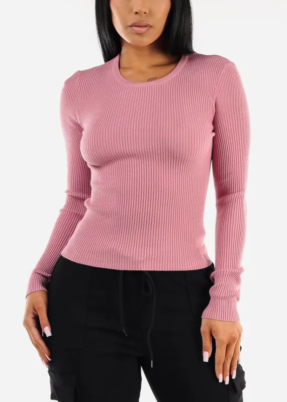 Long Sleeve Crewneck Ribbed Sweater Dark Pink sold by Moda