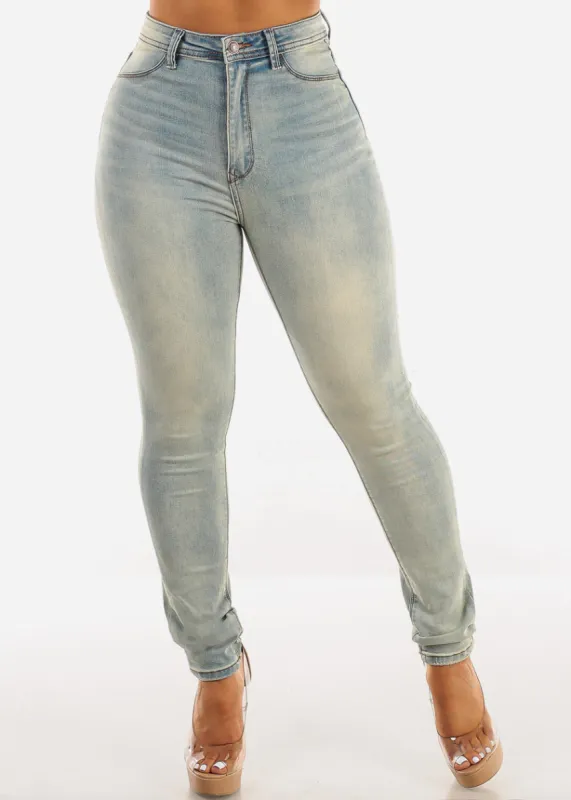 Super High Waist 1 Button Stretch Skinny Jeans Faded Wash sold by Moda