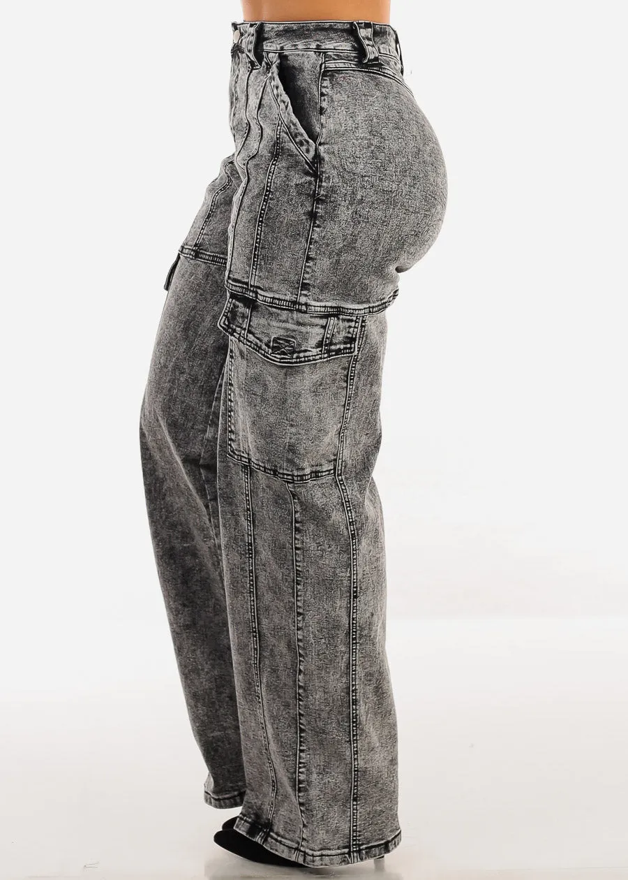 High Waist Straight Wide Legged Cargo Jeans Black Acid Wash sold by Moda product image thumbnail 3