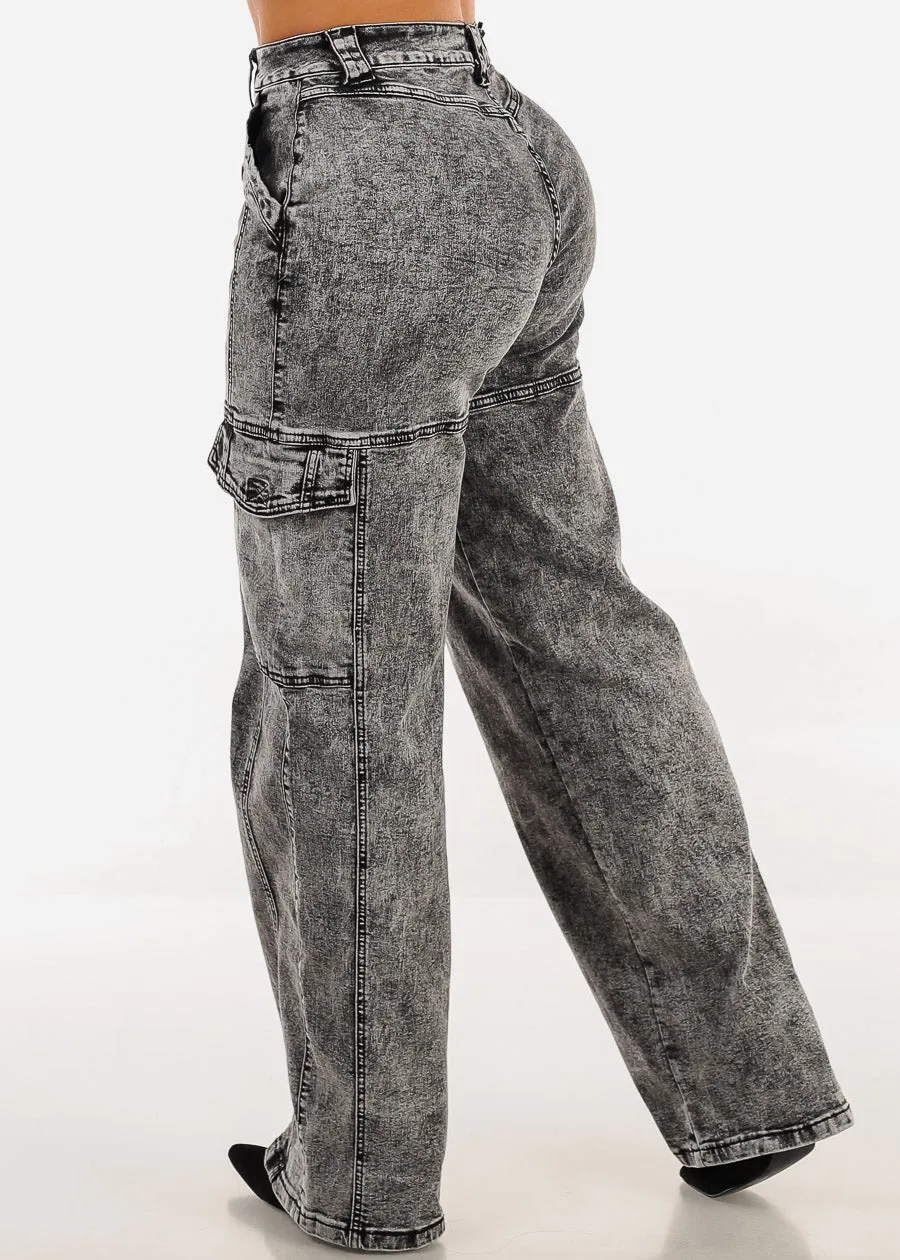 High Waist Straight Wide Legged Cargo Jeans Black Acid Wash sold by Moda product image thumbnail 4