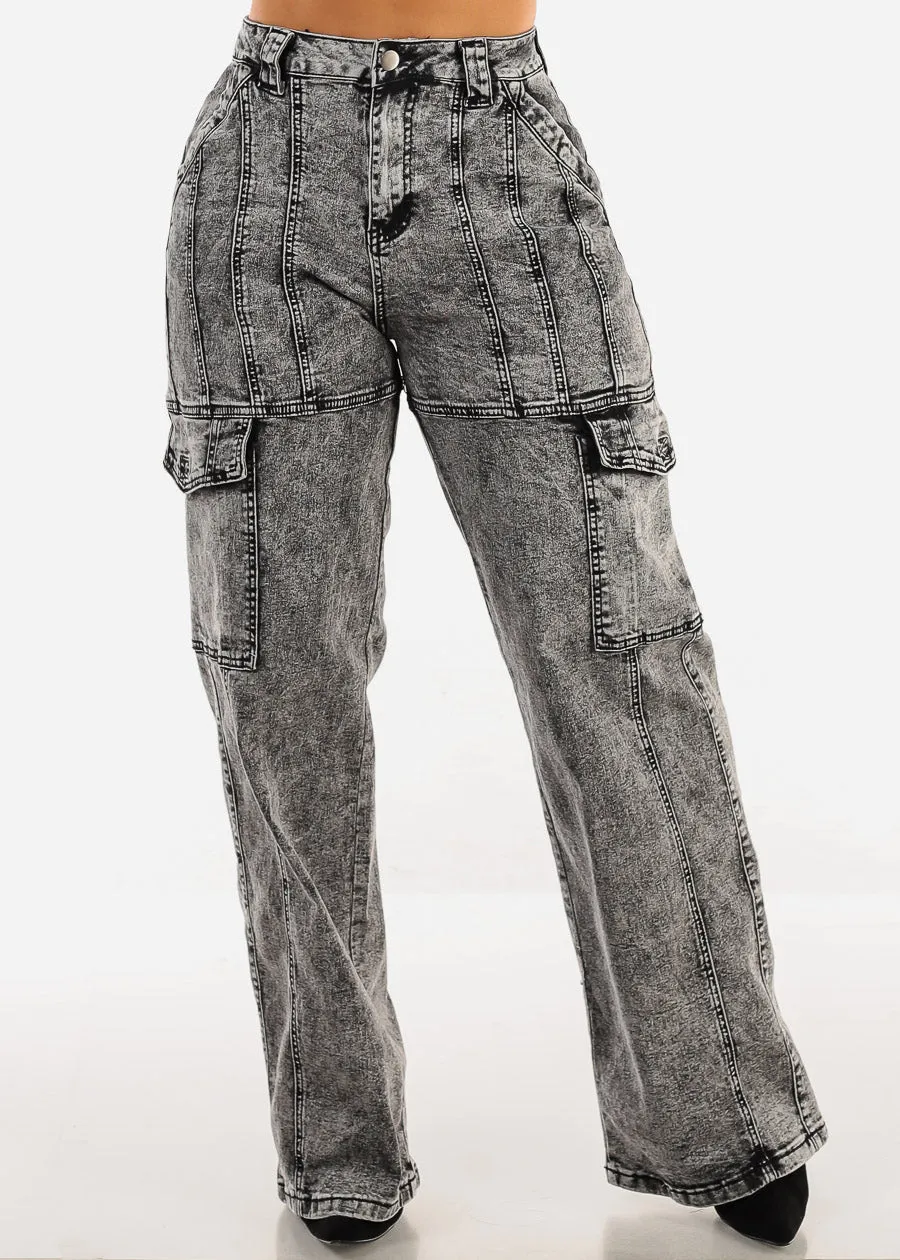 High Waist Straight Wide Legged Cargo Jeans Black Acid Wash sold by Moda