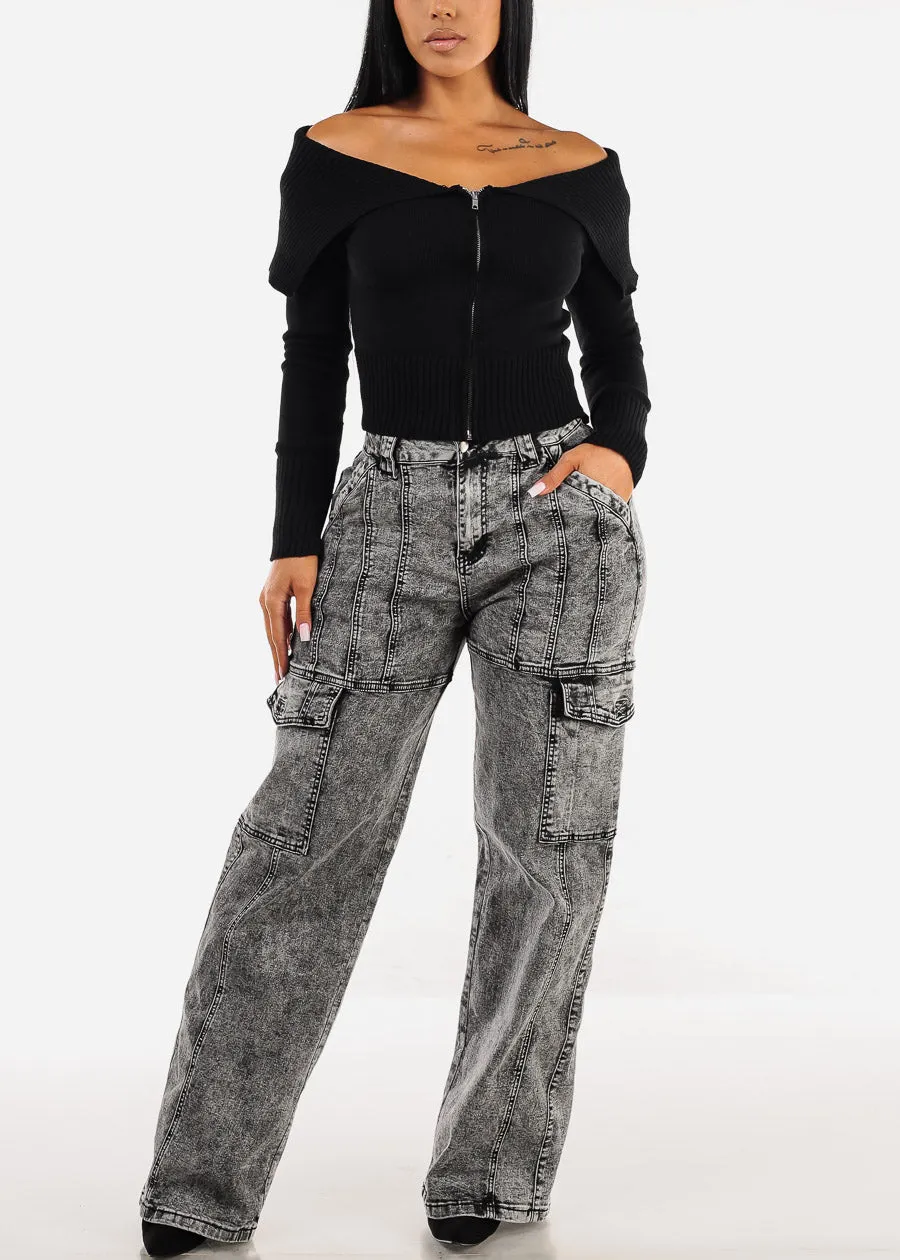 High Waist Straight Wide Legged Cargo Jeans Black Acid Wash sold by Moda product image thumbnail 5