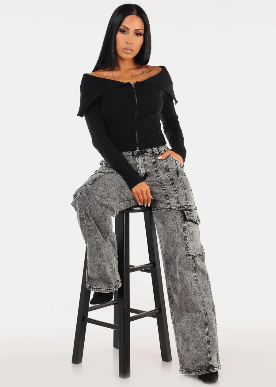 High Waist Straight Wide Legged Cargo Jeans Black Acid Wash sold by Moda product image thumbnail 2