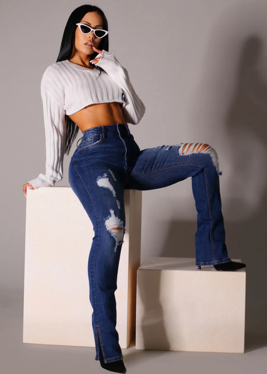 Super High Waist Distressed Straight Leg Jeans Dark Wash sold by Moda product image thumbnail 2